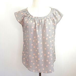 LC Lauren Conrad Pleat Neck Top Gray with Pink Polka Dots - S - Keyhole Tie in B
